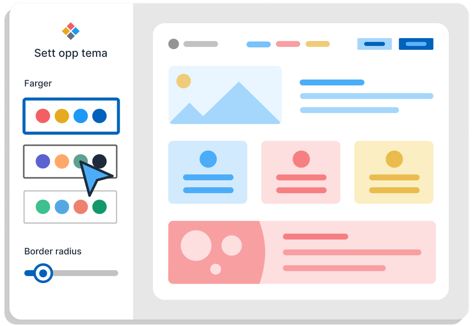 Designskisse av en nettside som viser hvordan Designsystemet kan tilpasses ulike identiteter.